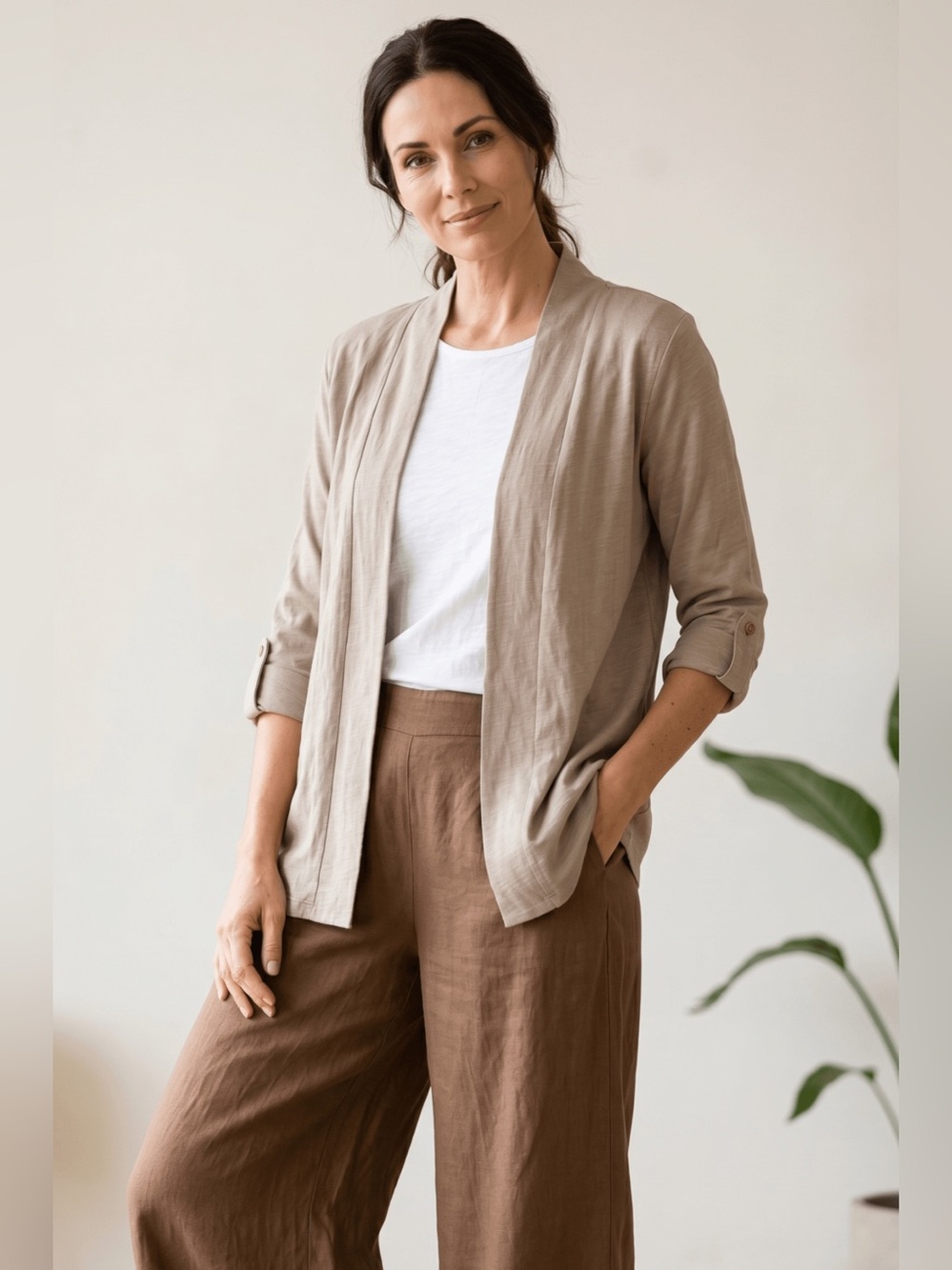 Cotton Slub Yarn Roll-Up Long Sleeve Open Cardigan with Pockets-Beige